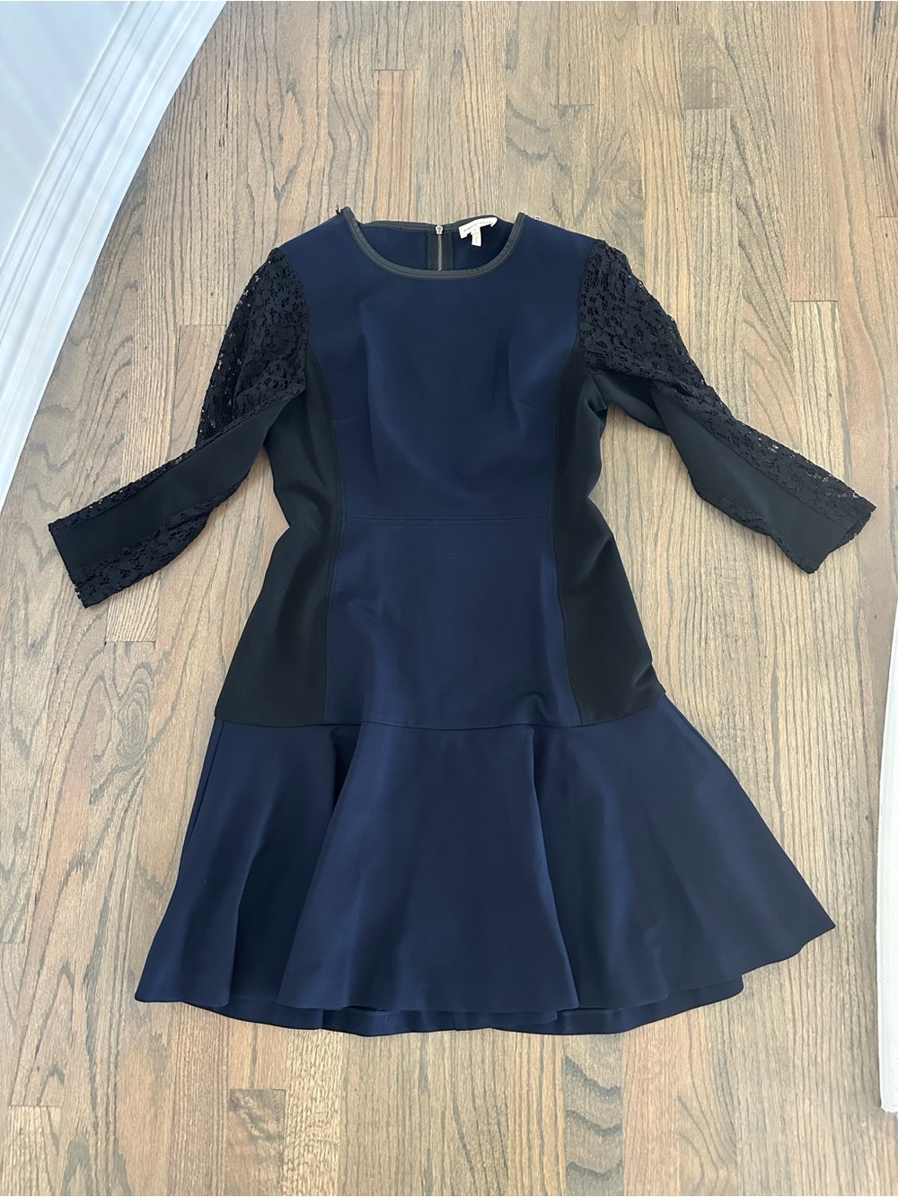 Rebecca Taylor Navy and Black Lace-Sleeve Fit & Flare Dress
